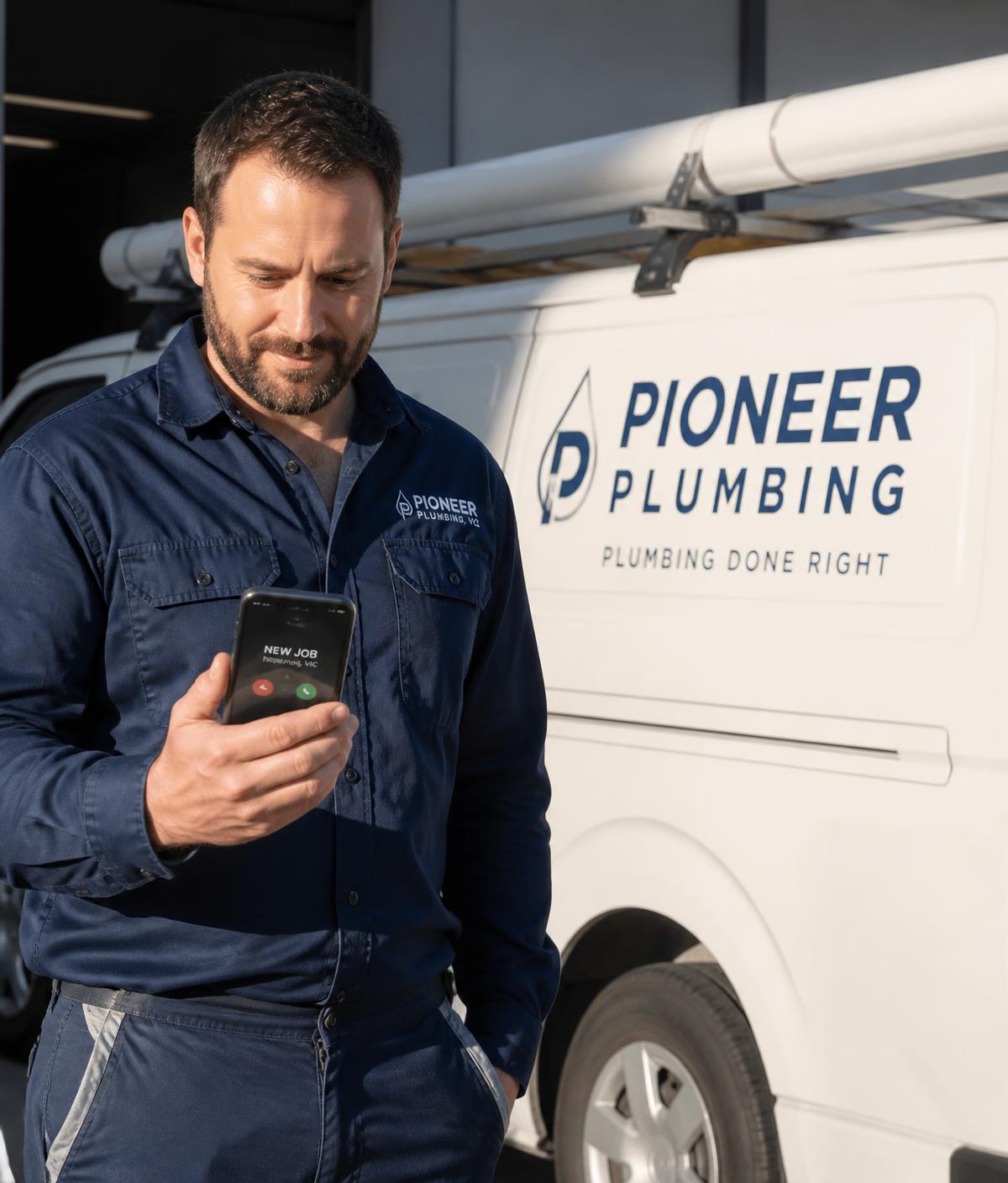 Plumber beside a work van accepting an incoming job call on a smartphone